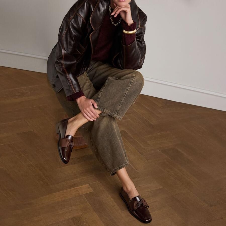 Manfield Dames Bruine lakleren loafers met strik