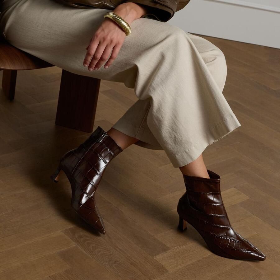 Manfield Dames Bruine leren croco enkellaarsjes met hak