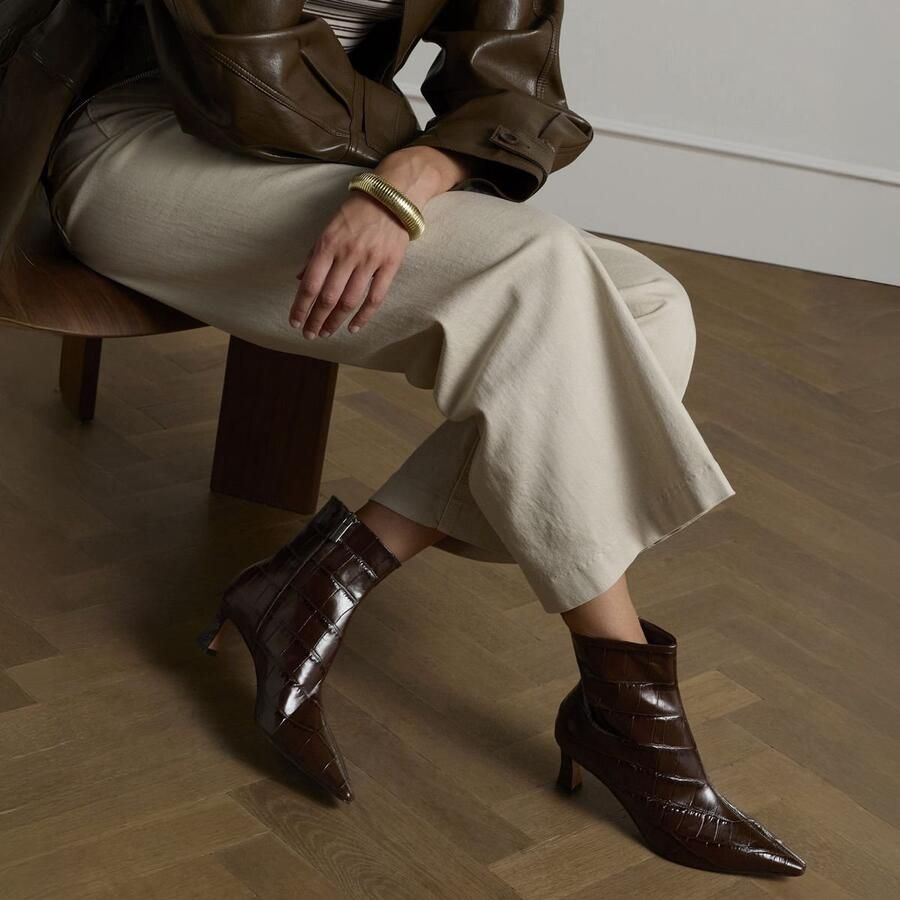 Manfield Dames Bruine leren croco enkellaarsjes met hak