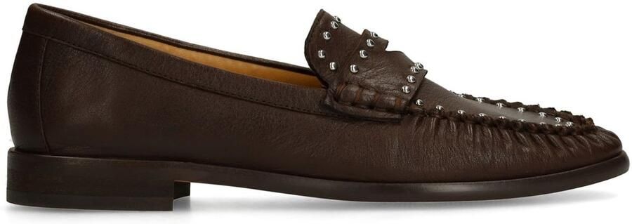 Manfield Dames Bruine leren loafers met zilverkleurige studs