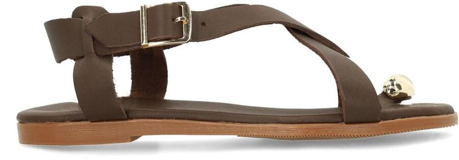 Manfield Dames Bruine leren sandalen met goudkleurig detail