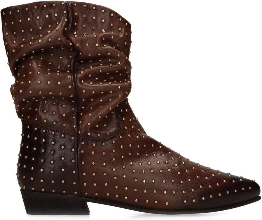 Manfield Dames Bruine leren slouchy enkellaarsjes met gouden studs