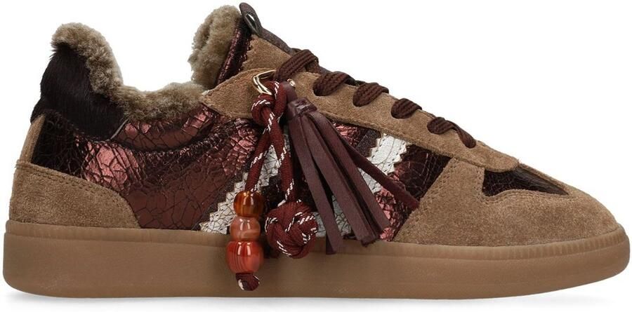 Manfield Dames Bruine leren sneakers met suède details