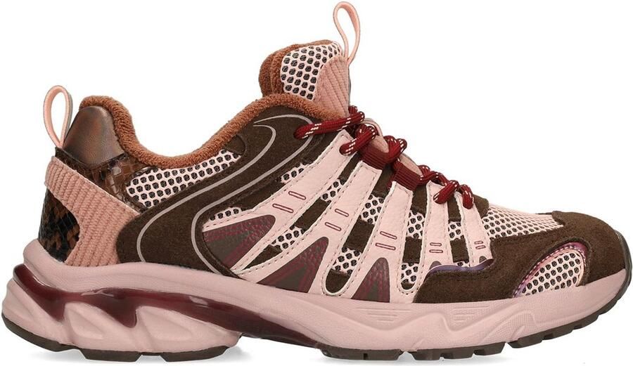 Manfield Dames Bruine mesh sneakers met lichtroze details