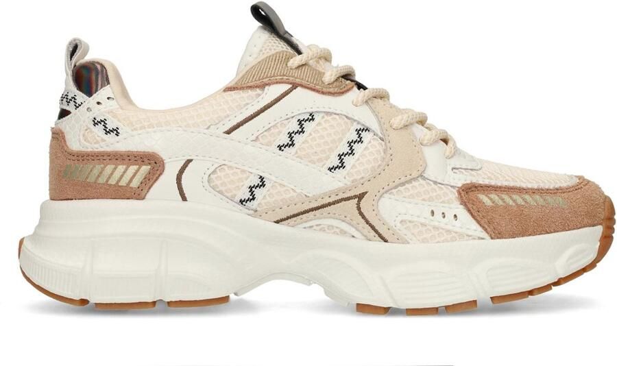Manfield Dames Bruine sneakers met bruin en witte mesh details
