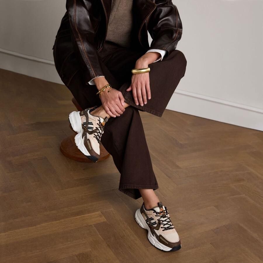 Manfield Dames Bruine sneakers met beige en zwarte stoffen details - Foto 2