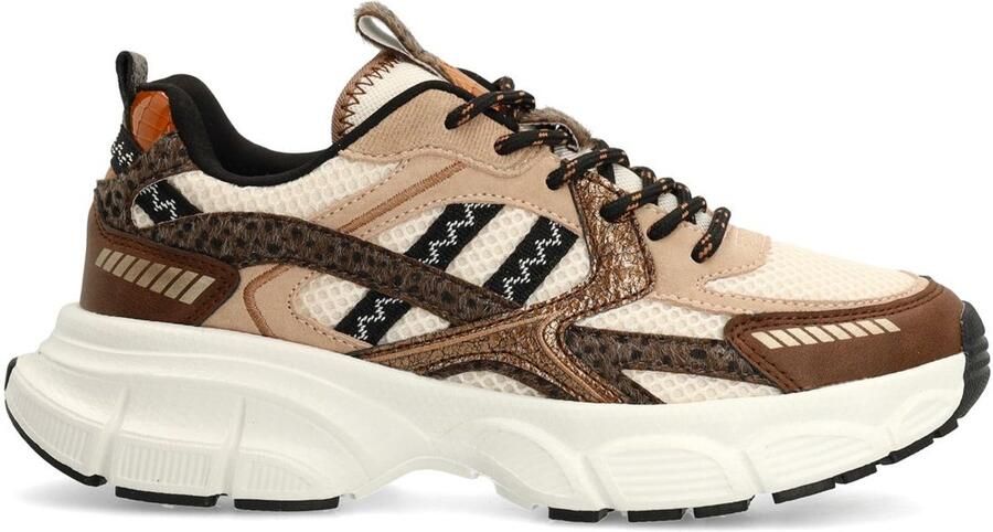 Manfield Dames Bruine sneakers met beige en zwarte stoffen details - Foto 1