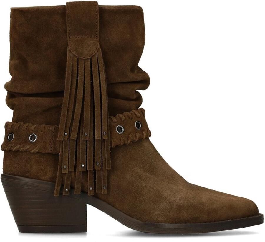 Manfield Dames Bruine suède enkellaarsjes met boho details