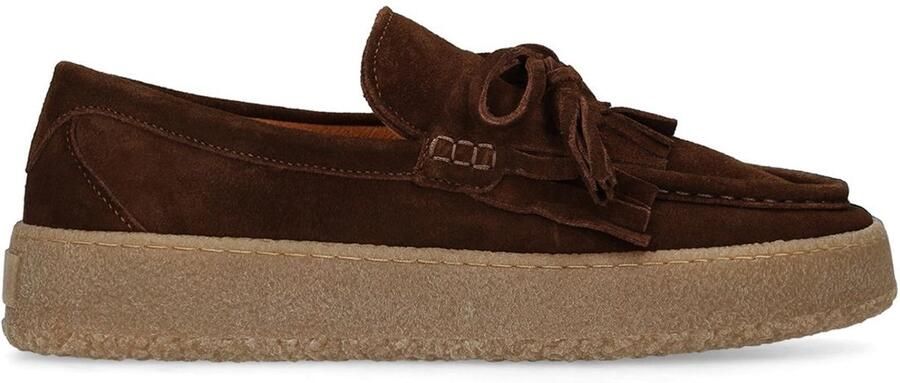 Manfield Dames Bruine suède loafers met franjes