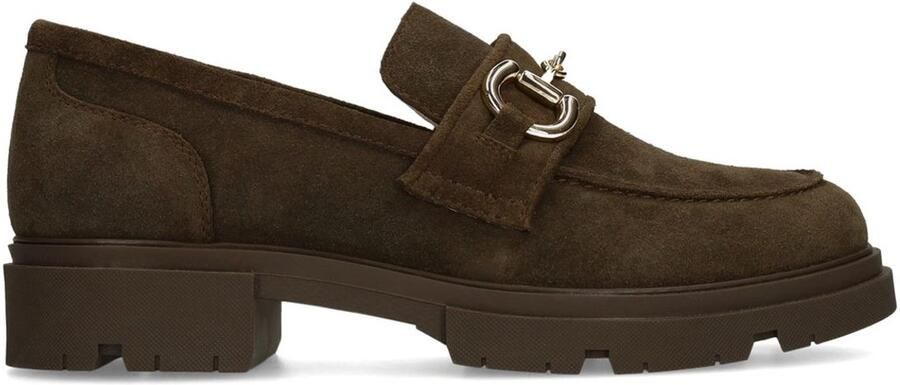 Manfield Dames Bruine suède loafers met goudkleurig detail