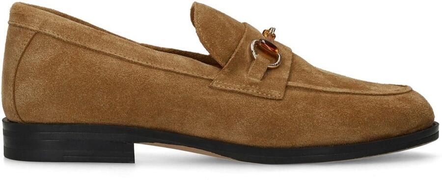 Manfield Dames Bruine suède loafers met goudkleurig detail