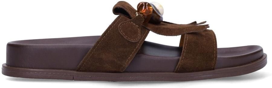 Manfield Dames Bruine suède sandalen met franjes en kralen