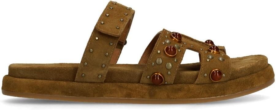 Manfield Dames Bruine suède slippers met bandje