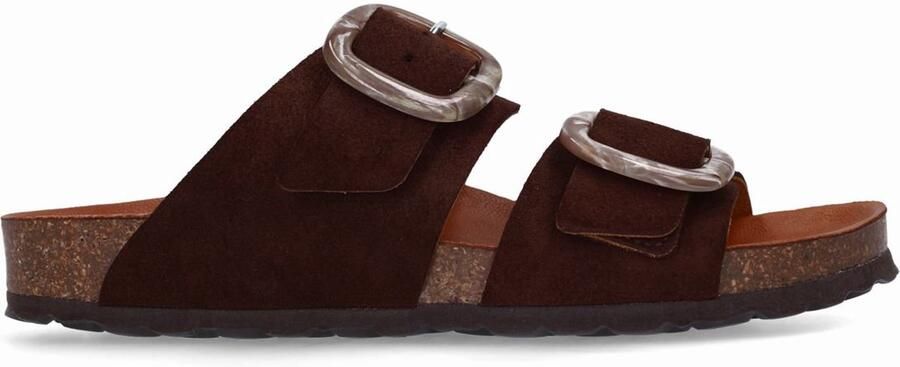 Manfield Dames Bruine suède slippers met gesp