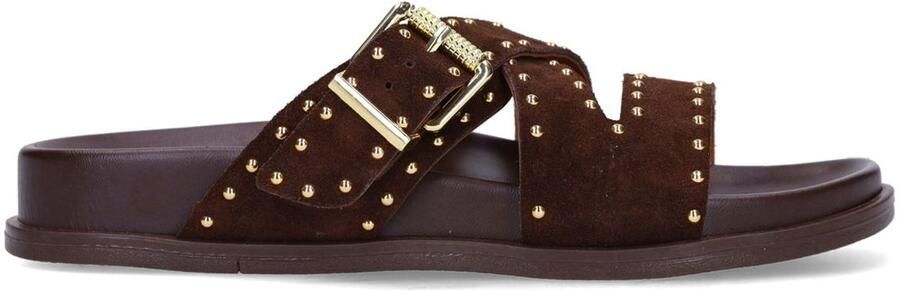 Manfield Dames Bruine suède slippers met studs