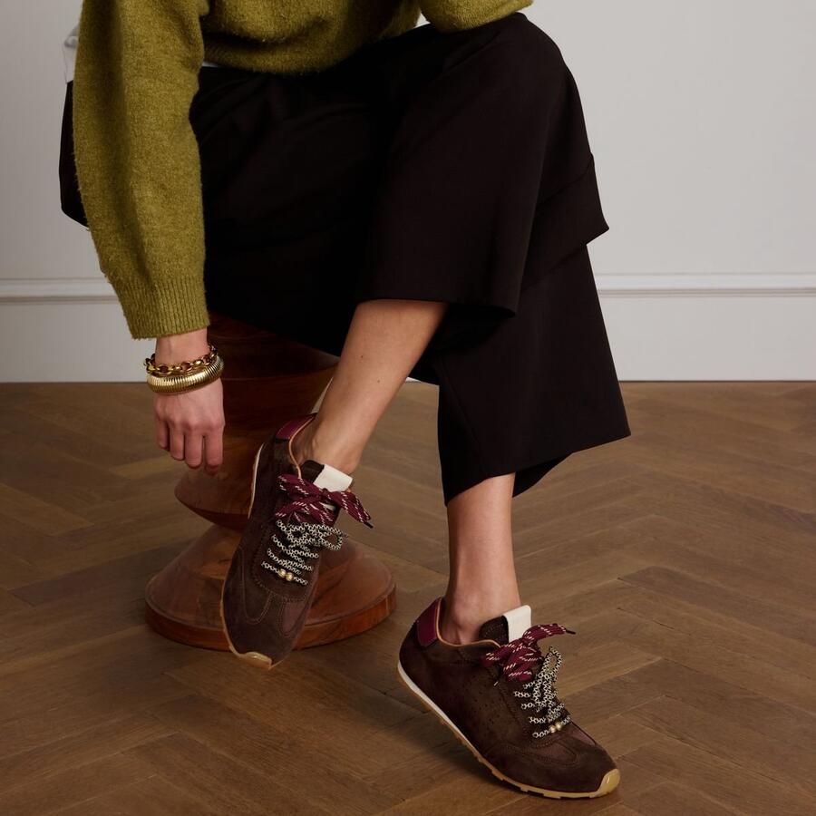 Manfield Dames Bruine suède sneakers met dubbele vetersluiting