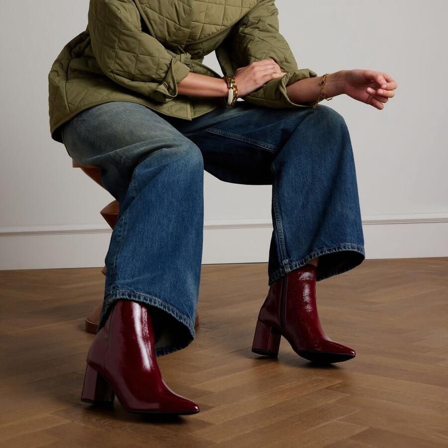 Manfield Dames Burgundy lakleren enkellaarsjes met hak