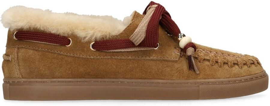 Manfield Dames Cognac suède bootschoentjes met bontvoering