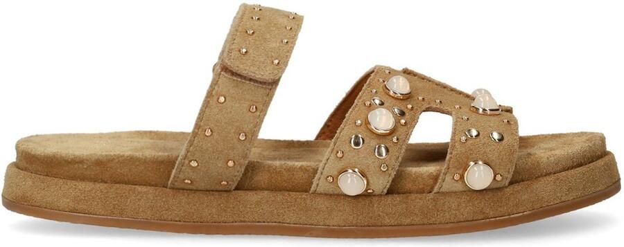 Manfield Dames Cognac suède slippers met bandje