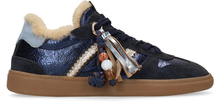 Manfield Dames Donkerblauwe leren sneakers met suède details
