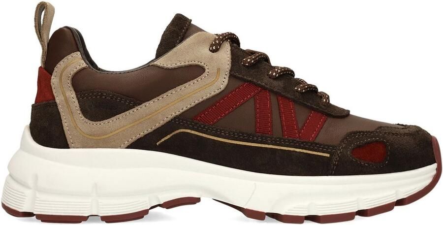 Manfield Dames Donkerbruine leren sneakers met suède details