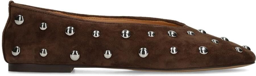 Manfield Dames Donkerbruine suède ballerina's met zilveren studs