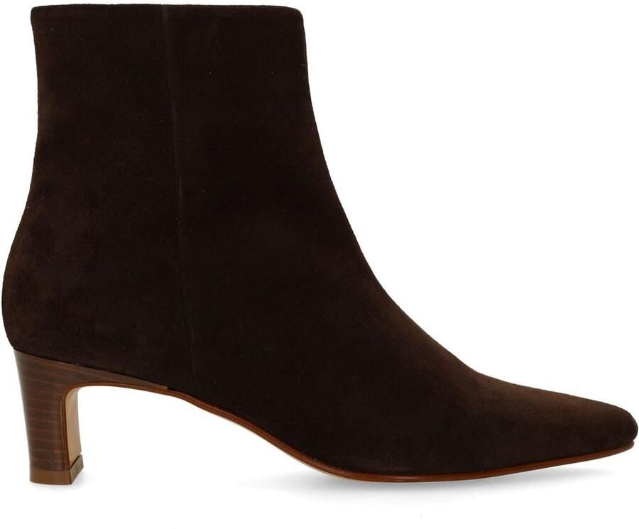Manfield Dames Donkerbruine suède enkellaarsjes met hak