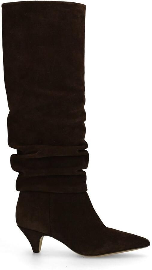 Manfield Dames Donkerbruine suède hoge laarzen met kittenheel