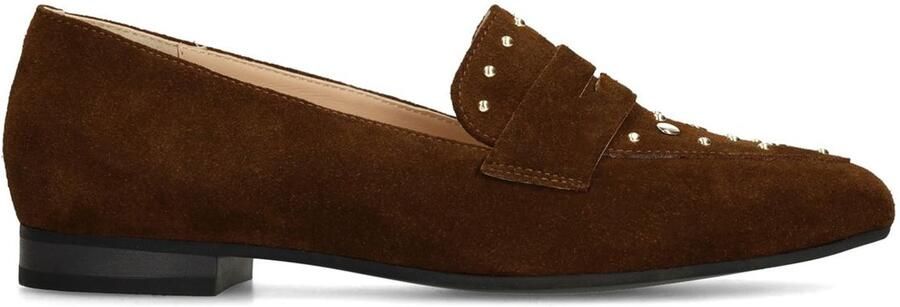 Manfield Dames Donkerbruine suède loafers met gouden studs