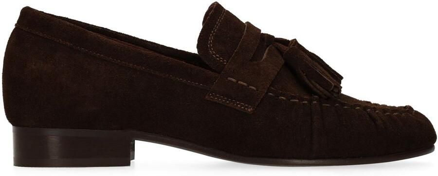 Manfield Dames Donkerbruine suède loafers met kwastjes