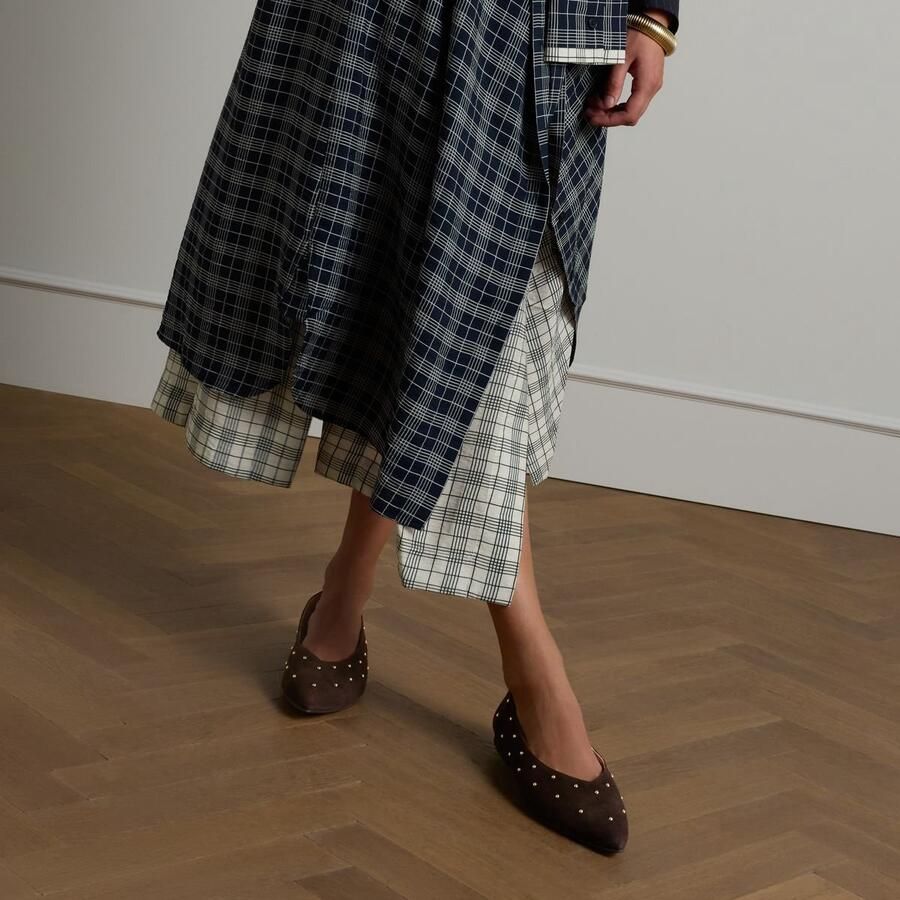 Manfield Dames Donkerbruine suède loafers met studs