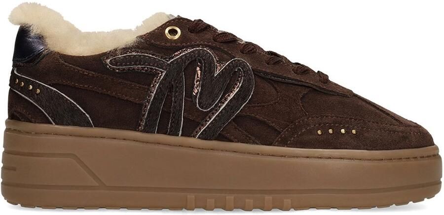 Manfield Dames Donkerbruine suède sneakers met bontvoering
