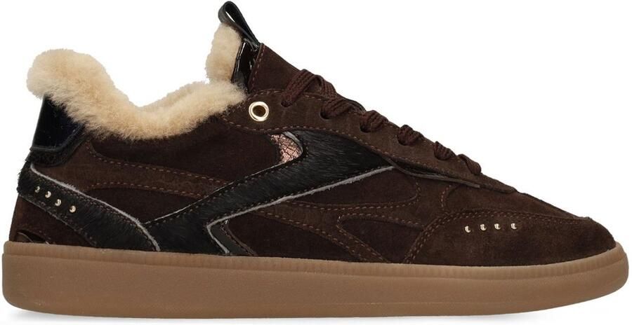 Manfield Dames Donkerbruine suède sneakers met bontvoering