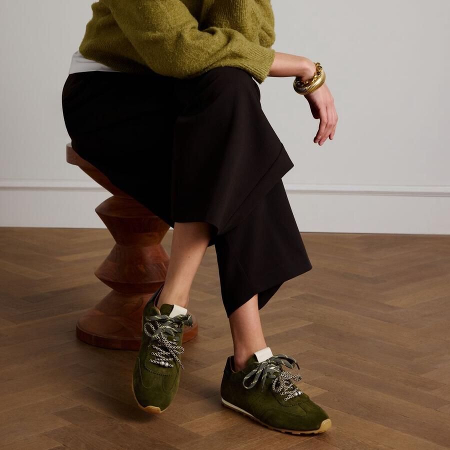 Manfield Dames Donkergroene suède sneakers met dubbele vetersluiting