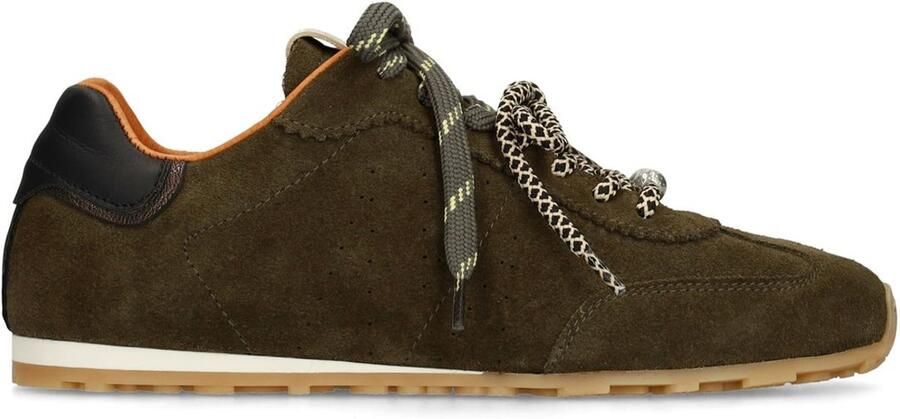 Manfield Dames Donkergroene suède sneakers met dubbele vetersluiting