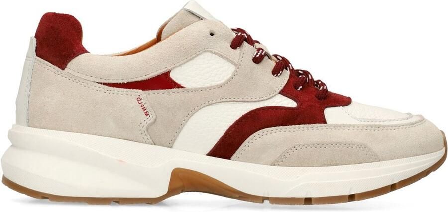 Manfield Dames Off White leren sneakers met rode suède details