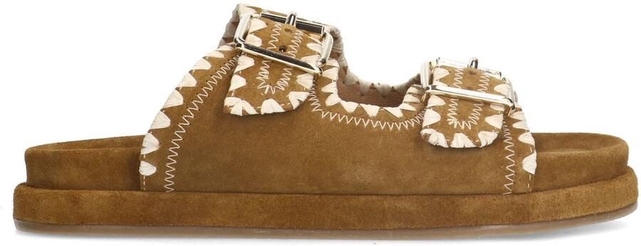 Manfield Dames Suède cognac slippers met gesp