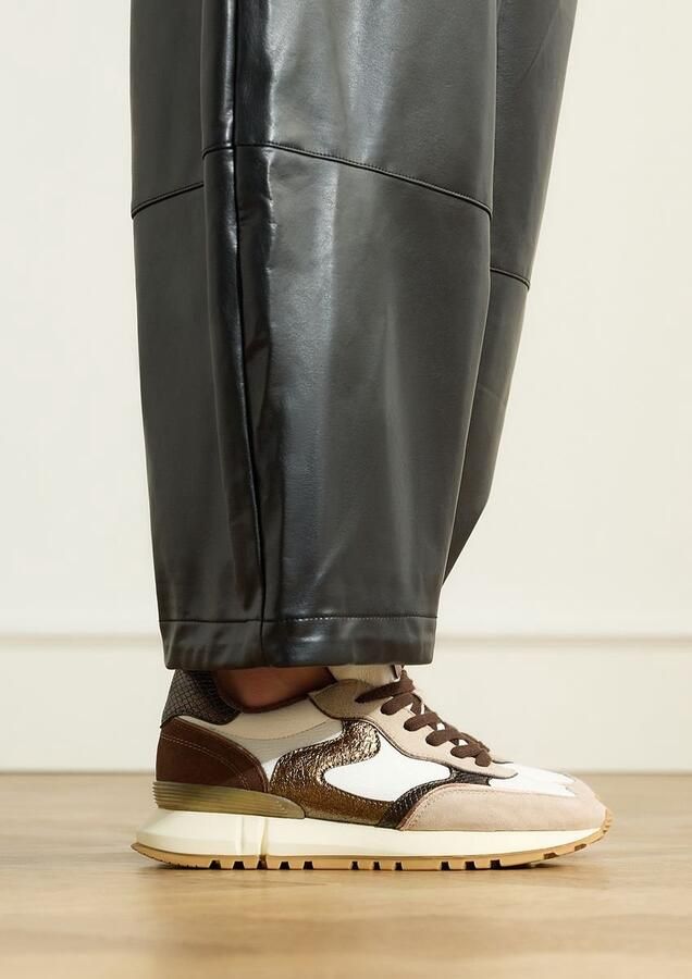 Manfield Dames Taupe leren sneakers met suède details