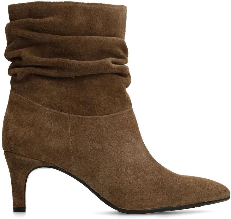 Manfield Dames Taupe suède enkellaarsjes met hak