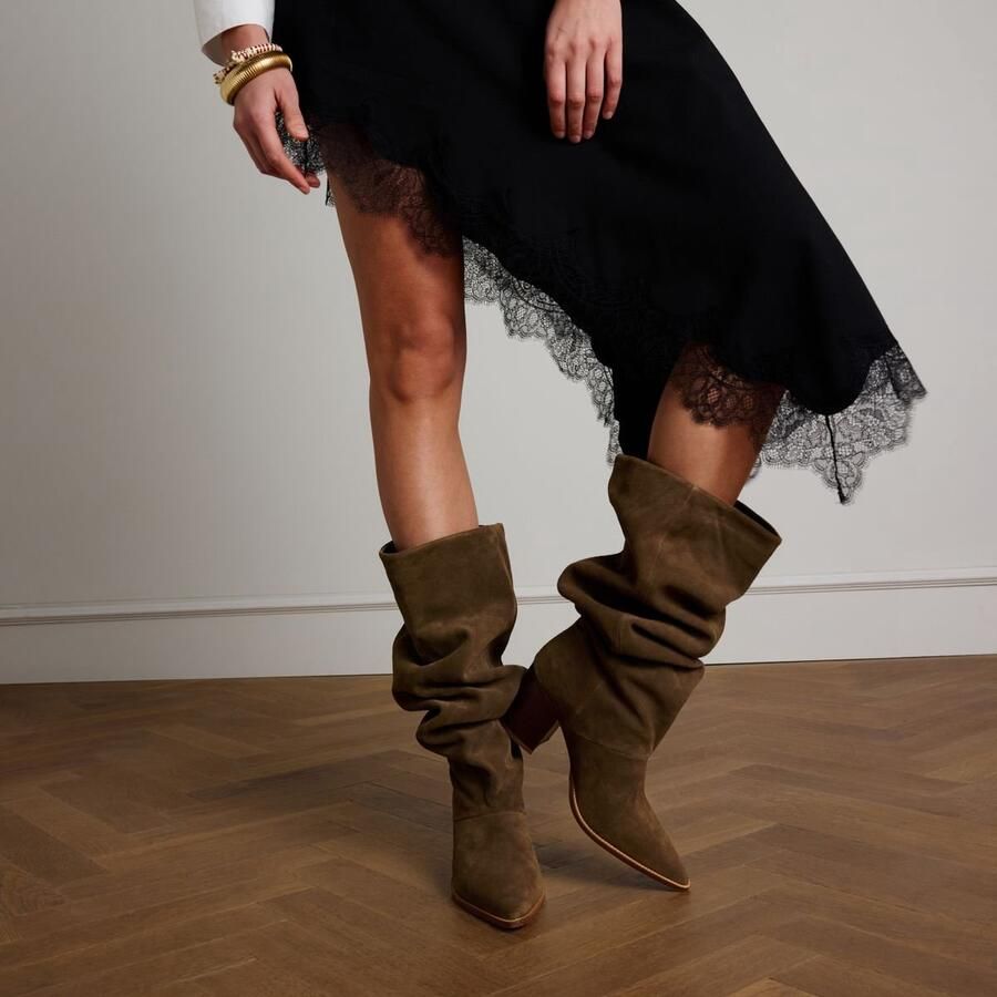 Manfield Dames Taupe suède hoge laarzen met hak en brede schacht - Foto 2