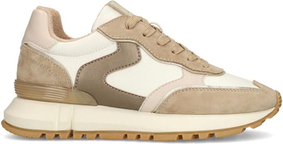 Manfield Dames Witte leren sneakers met beige suède details