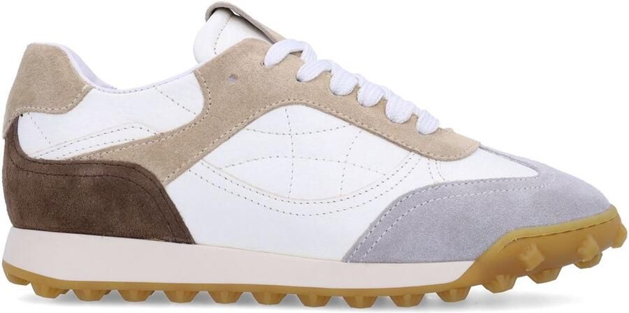 Manfield Dames Witte leren sneakers met beige suède details