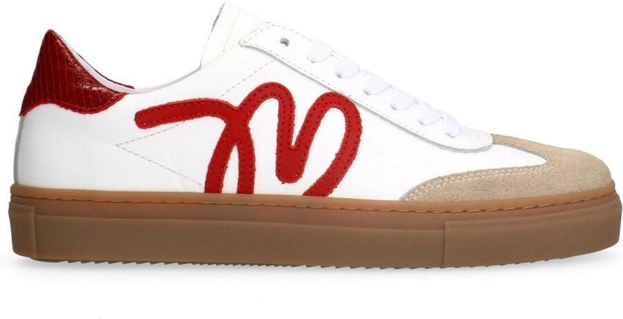 Manfield Dames Witte leren sneakers met rode details