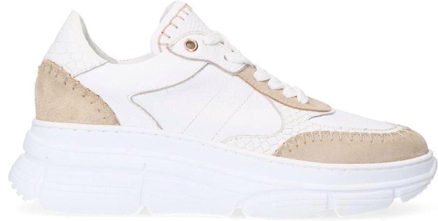 Manfield Dames Witte leren sneakers met suède details