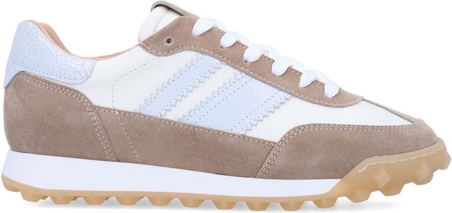 Manfield Dames Witte leren sneakers met taupe suède details