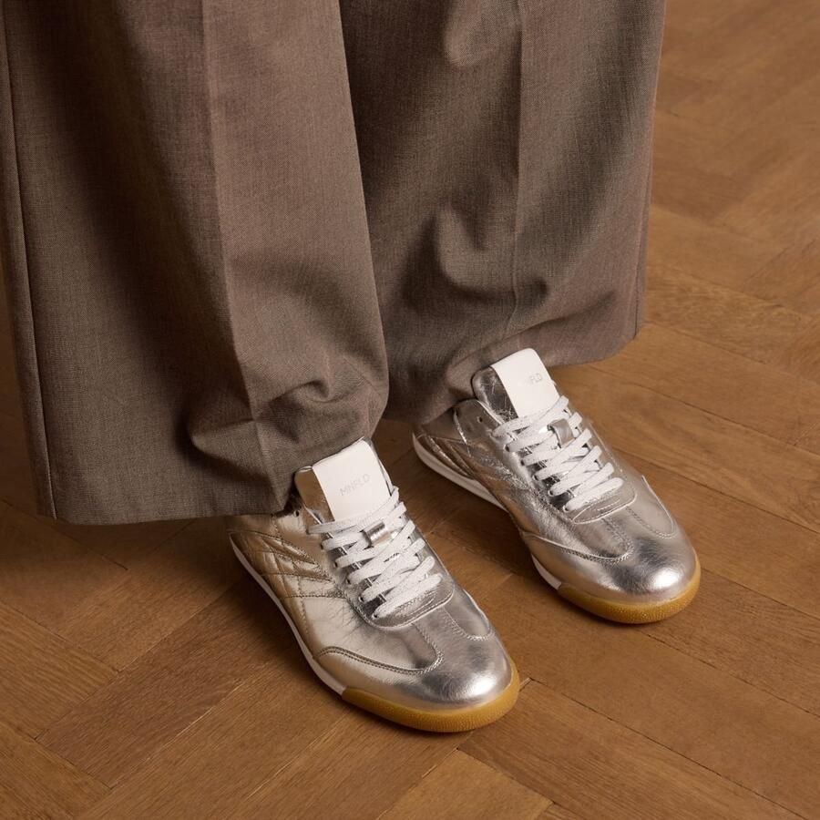 Manfield Dames Zilveren leren metallic sneakers