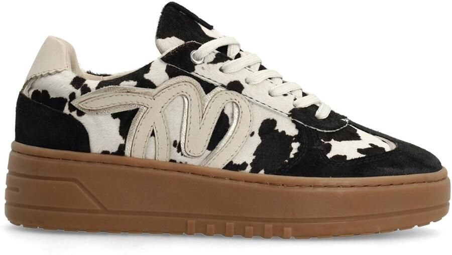 Manfield Dames Zwarte cow print sneakers met pony hair