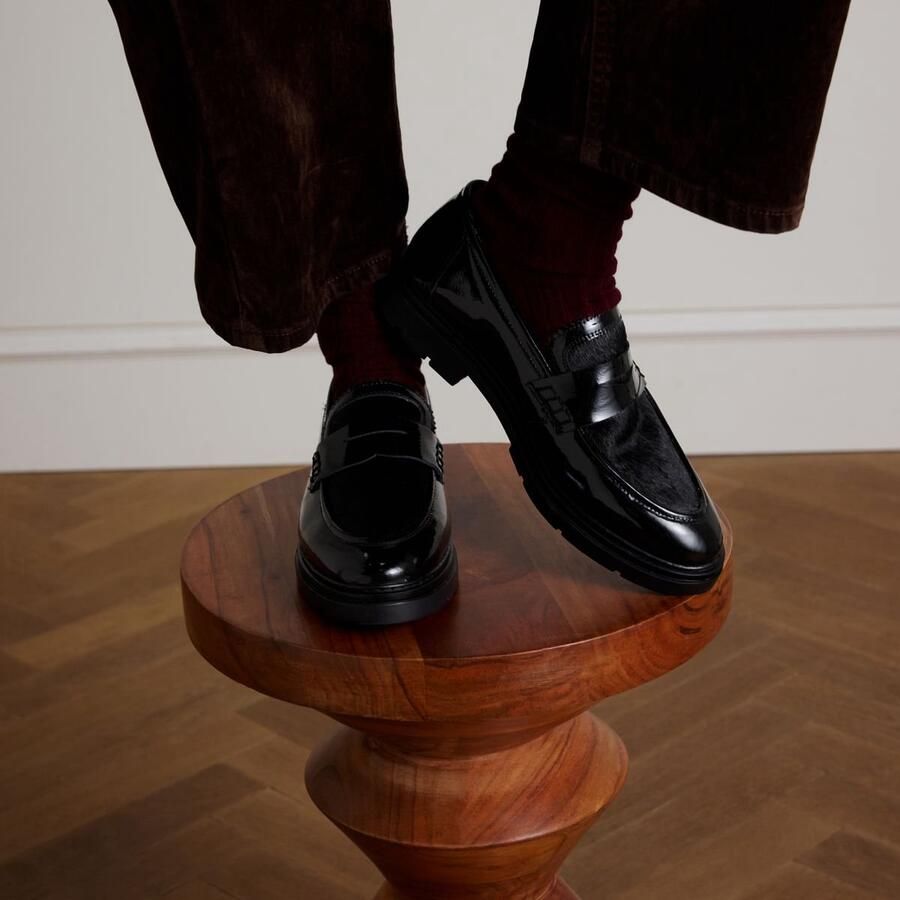 Manfield Dames Zwarte lakleren loafers met ponyhair - Foto 4