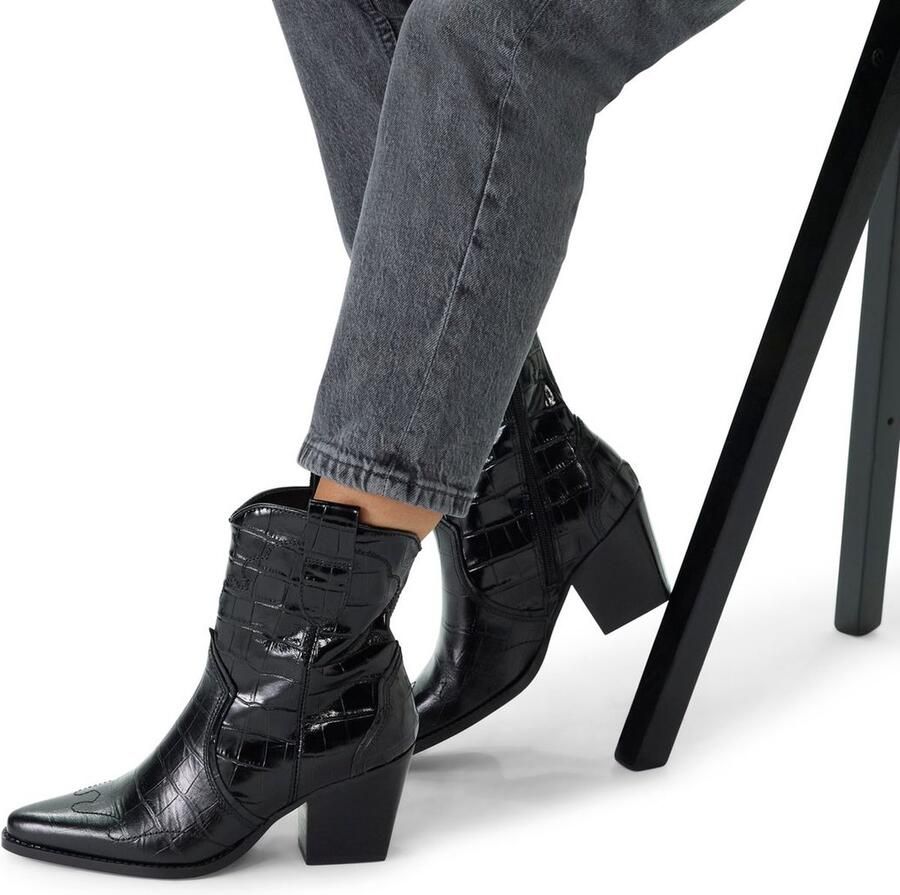 Manfield Dames Zwarte leren croco enkellaarsjes met hak