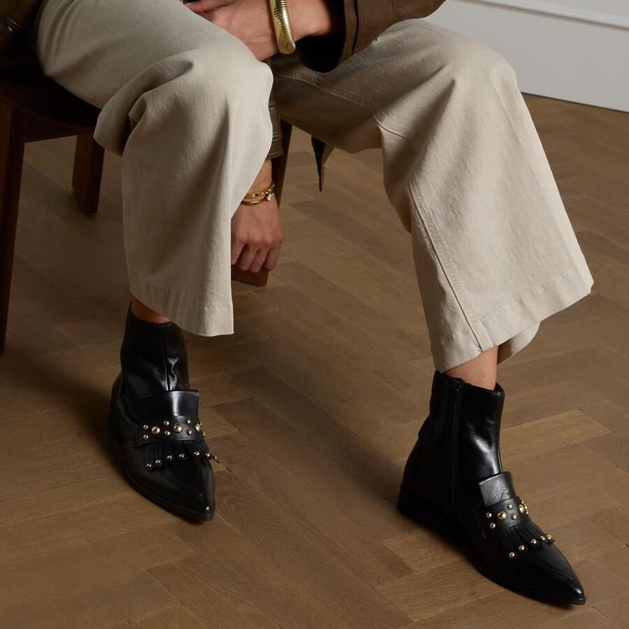 Manfield Dames Zwarte leren enkellaarsjes met studs